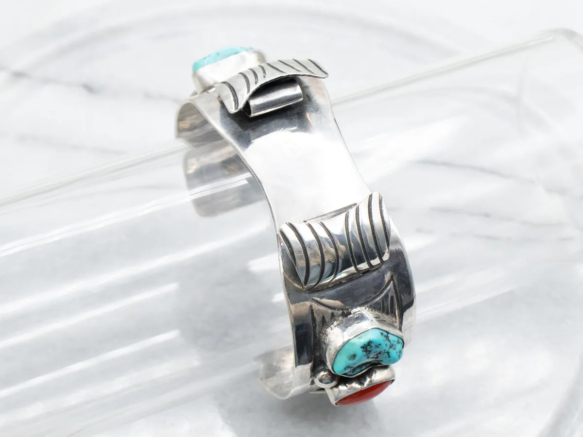 Sterling Silver Native American Turquoise and Coral Watch Cuff Bracelet