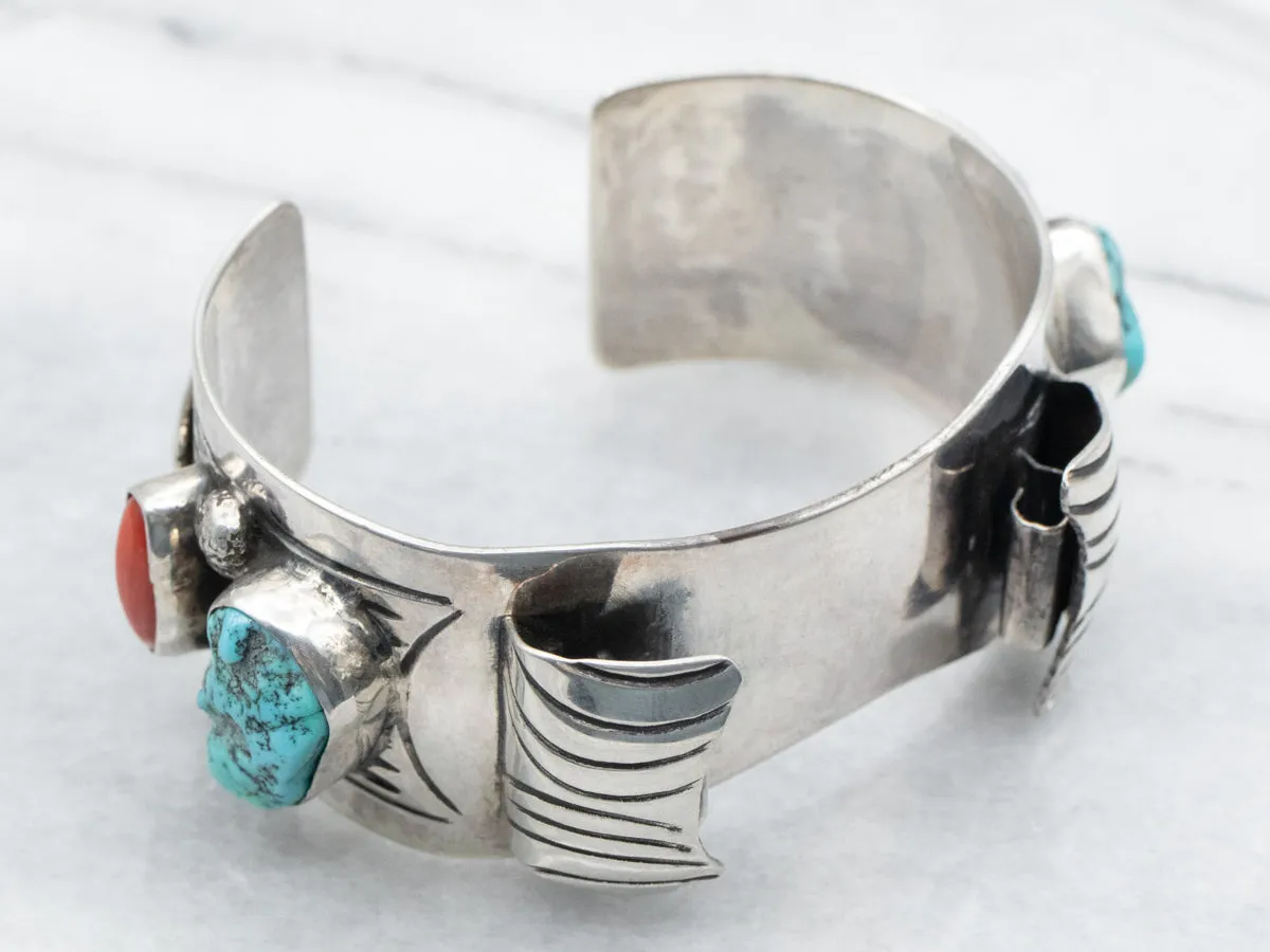 Sterling Silver Native American Turquoise and Coral Watch Cuff Bracelet