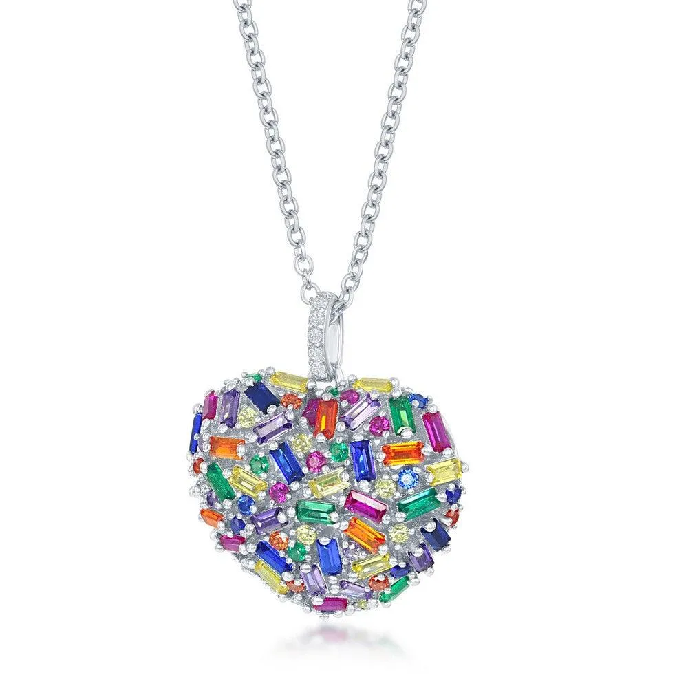 Sterling Silver Rainbow Baguette CZ Puffed Heart Necklace