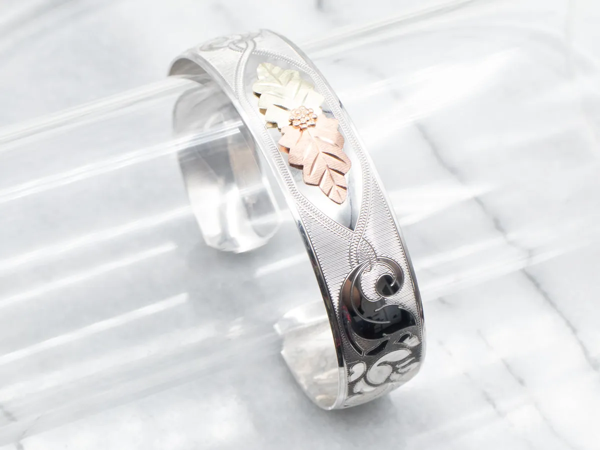 Sterling Silver, Rose Gold, and Green Gold Black Hills Cuff Bracelet with Leaf Details