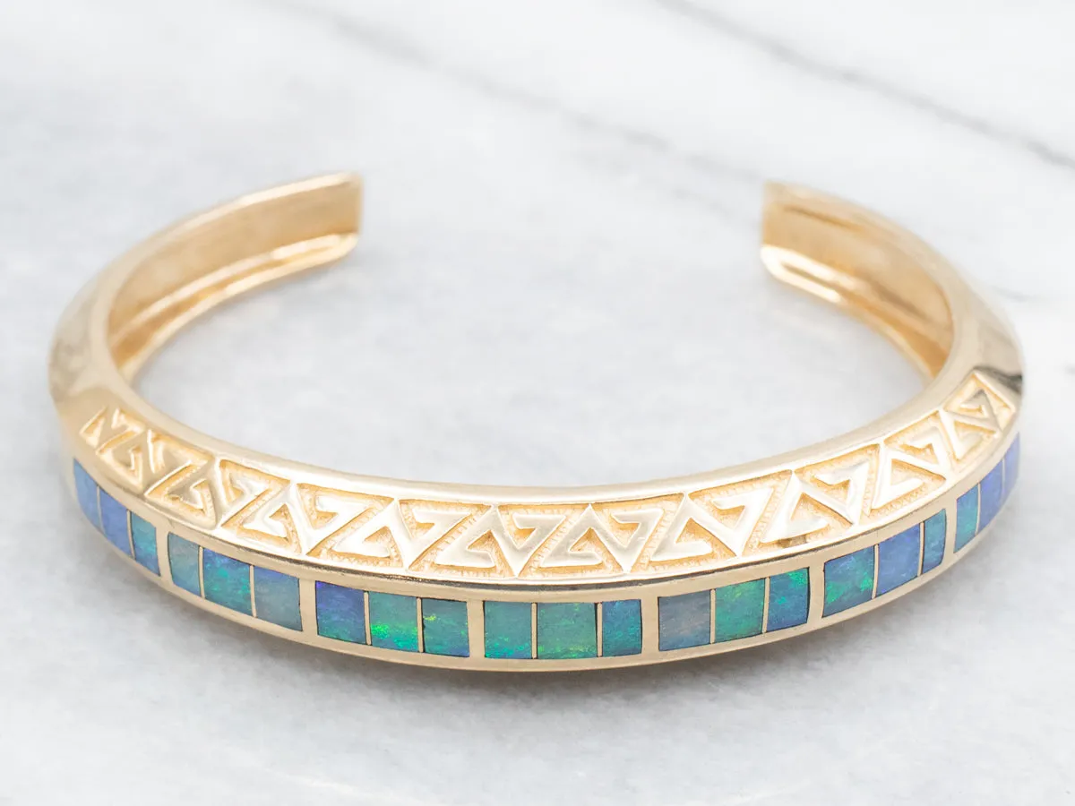 Stunning Yellow Gold Opal Inlay Cuff Bracelet
