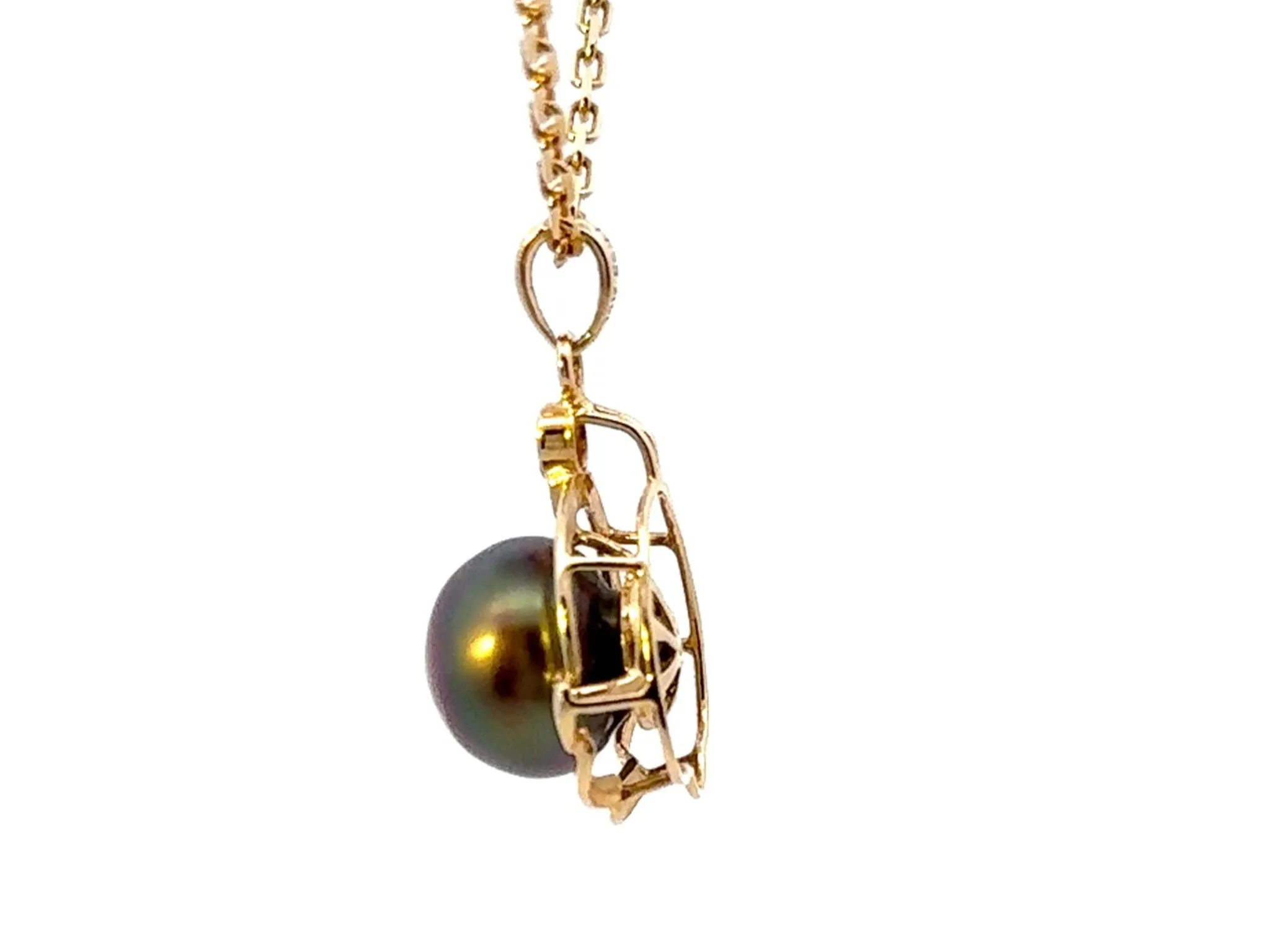 Tahitian Pearl Diamond Pendant Necklace Solid 14k Yellow Gold