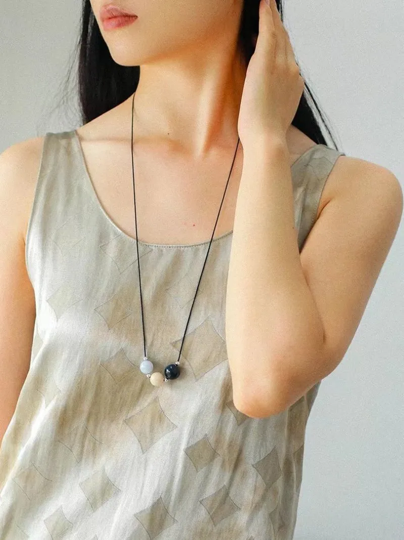 Three-Bead Natural Stone Long Black Cord Sliding Necklace