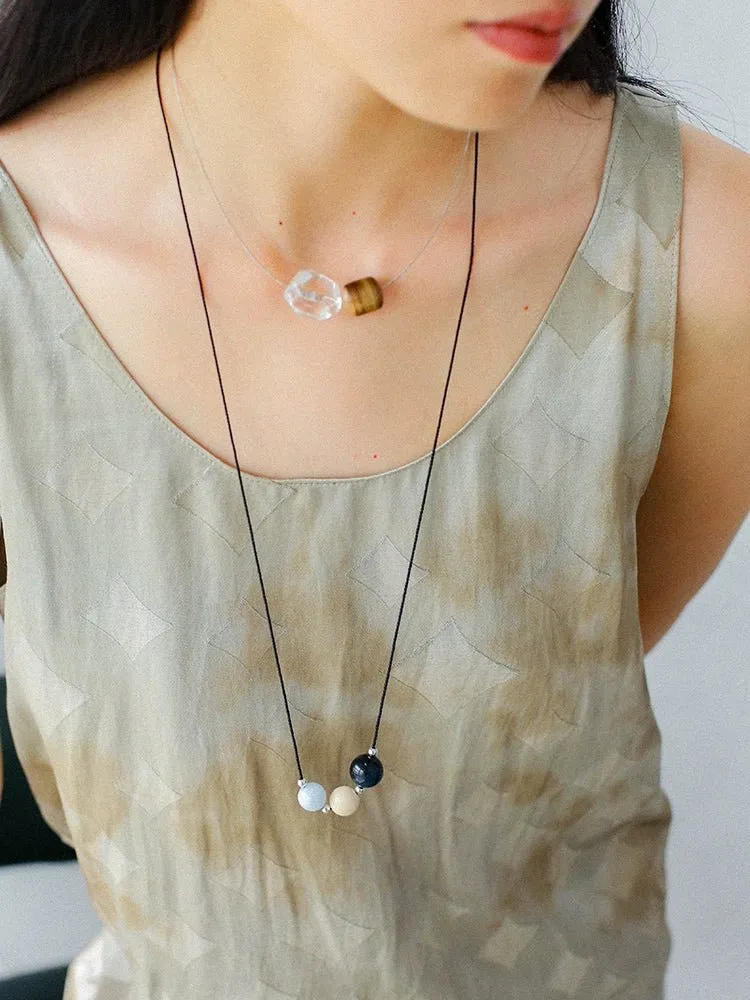 Three-Bead Natural Stone Long Black Cord Sliding Necklace