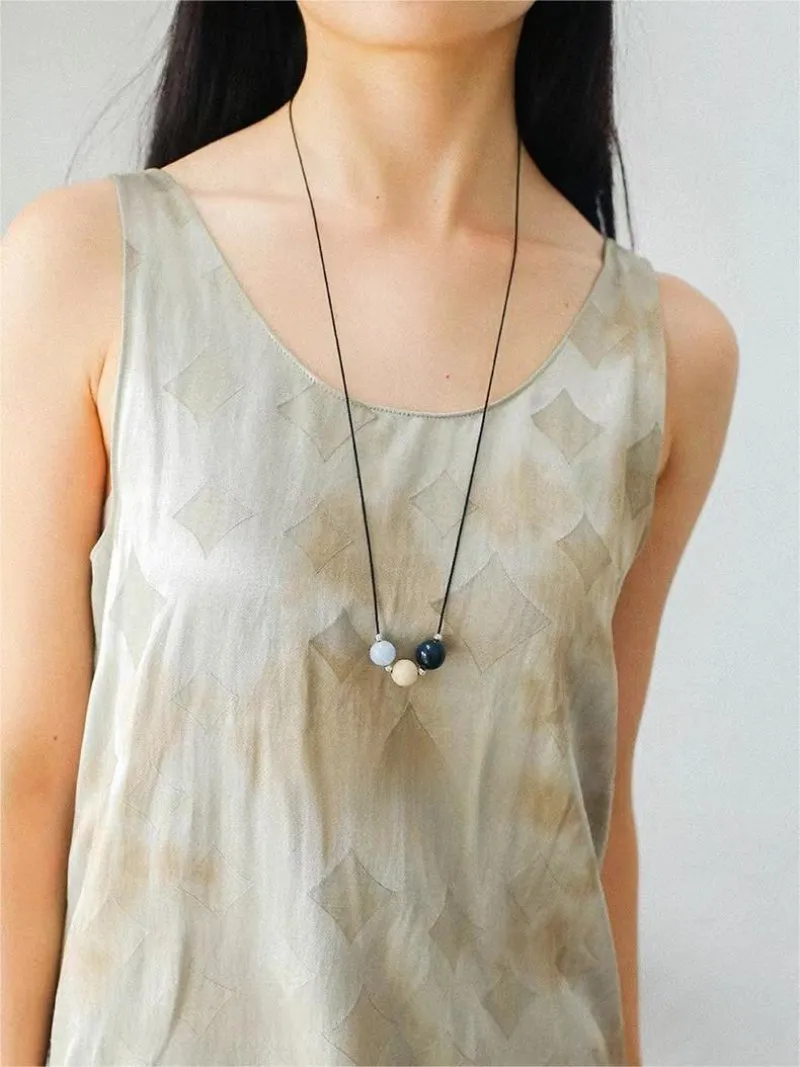 Three-Bead Natural Stone Long Black Cord Sliding Necklace