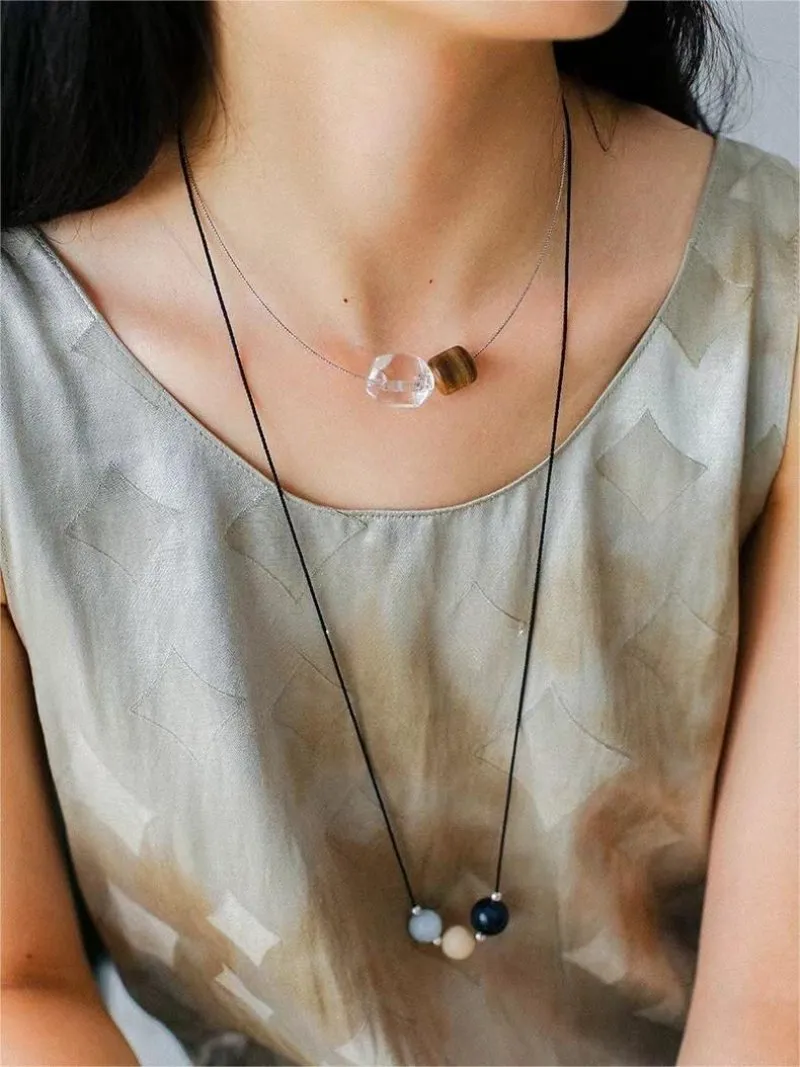 Three-Bead Natural Stone Long Black Cord Sliding Necklace
