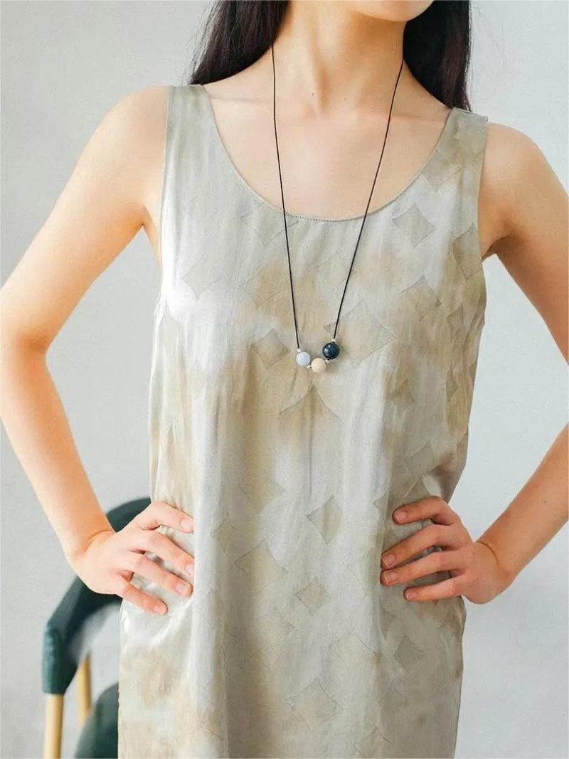 Three-Bead Natural Stone Long Black Cord Sliding Necklace