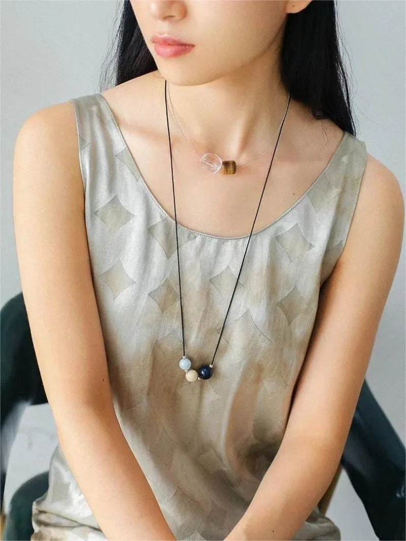 Three-Bead Natural Stone Long Black Cord Sliding Necklace