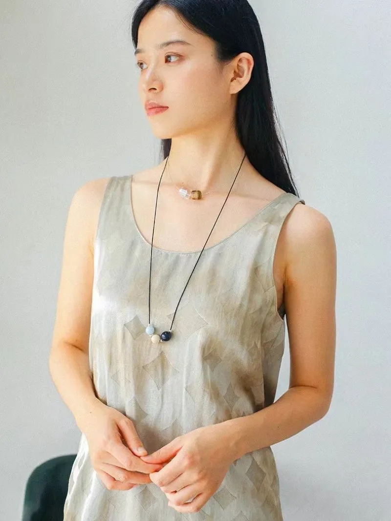 Three-Bead Natural Stone Long Black Cord Sliding Necklace