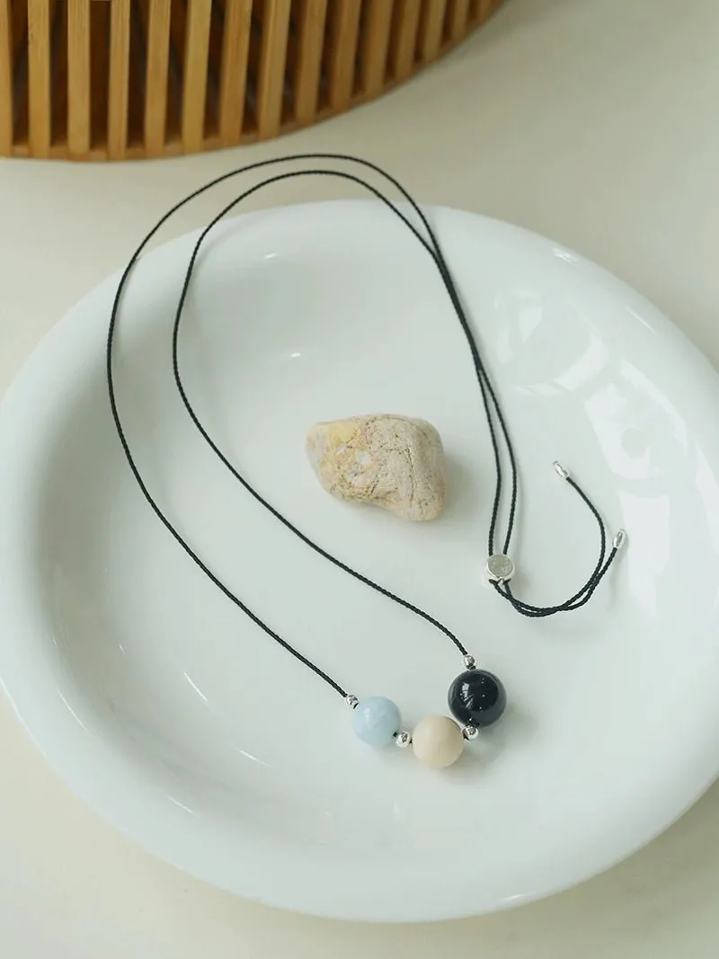 Three-Bead Natural Stone Long Black Cord Sliding Necklace