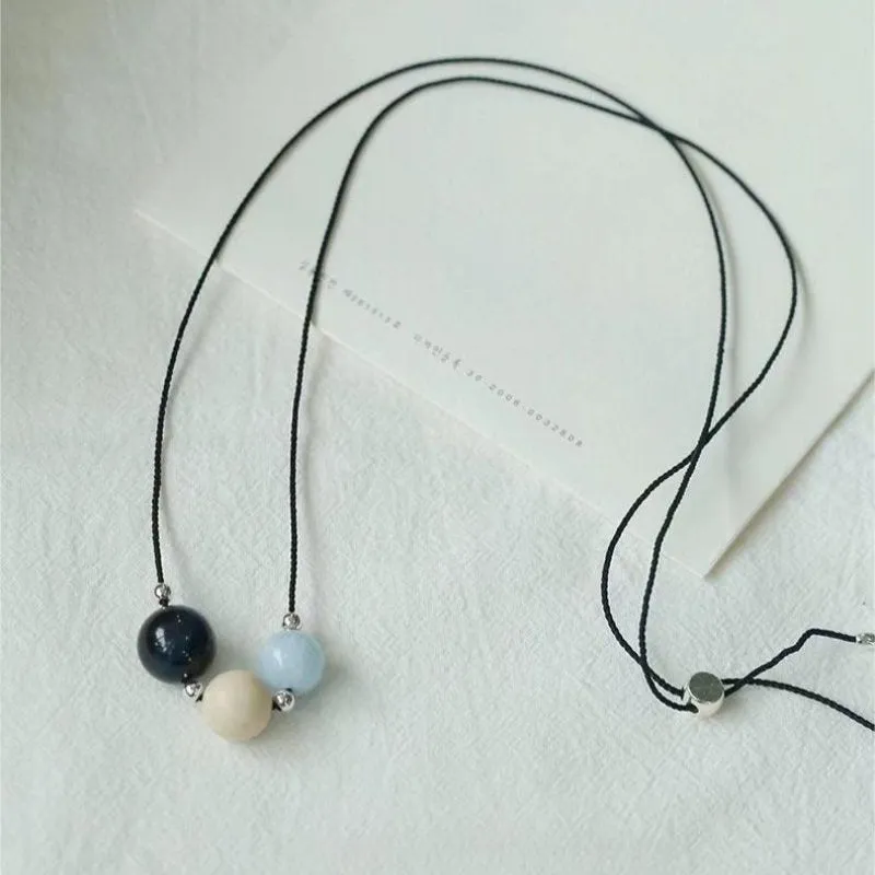 Three-Bead Natural Stone Long Black Cord Sliding Necklace
