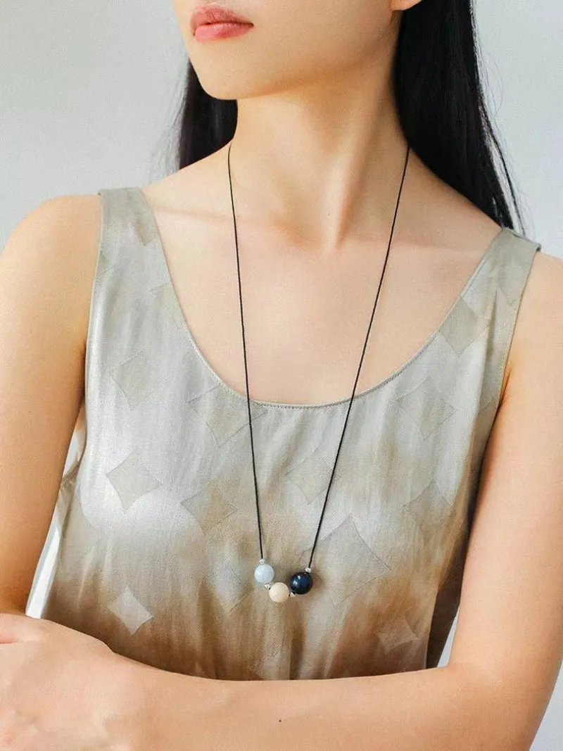 Three-Bead Natural Stone Long Black Cord Sliding Necklace