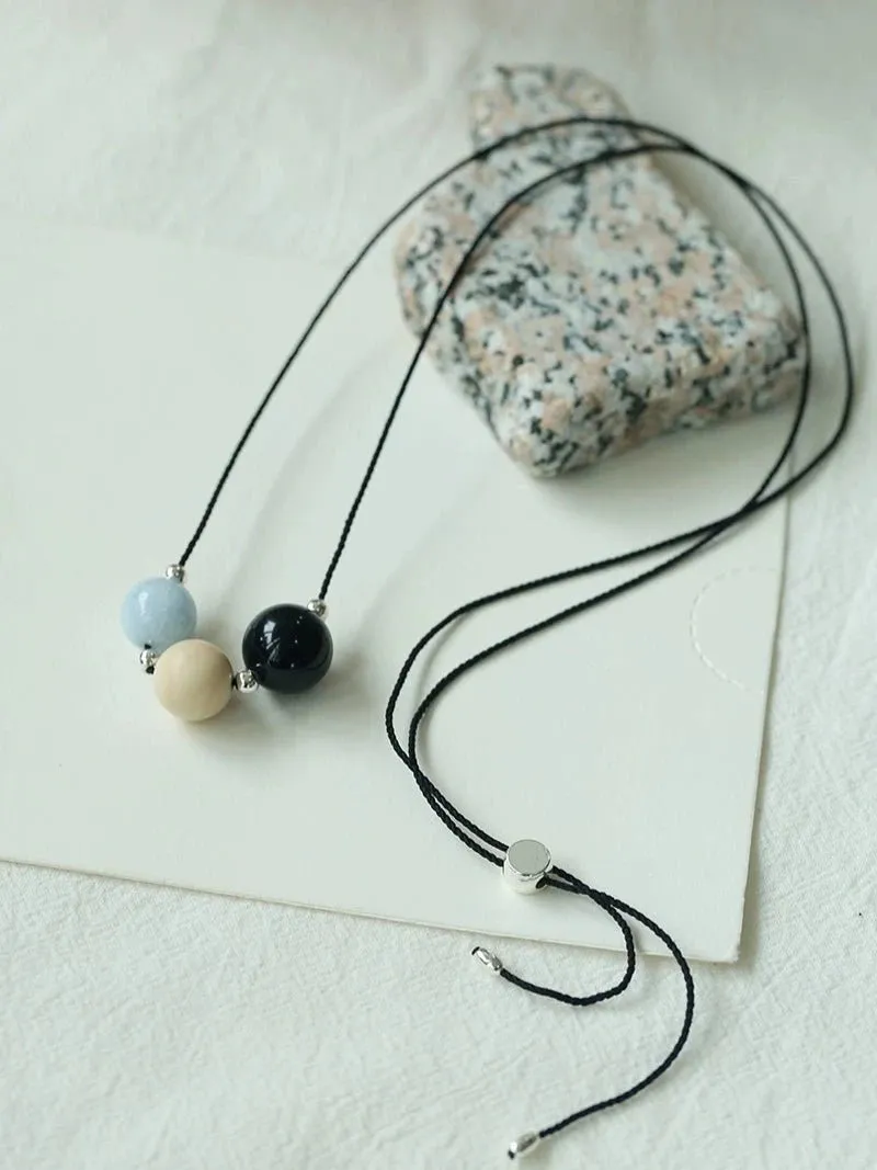 Three-Bead Natural Stone Long Black Cord Sliding Necklace
