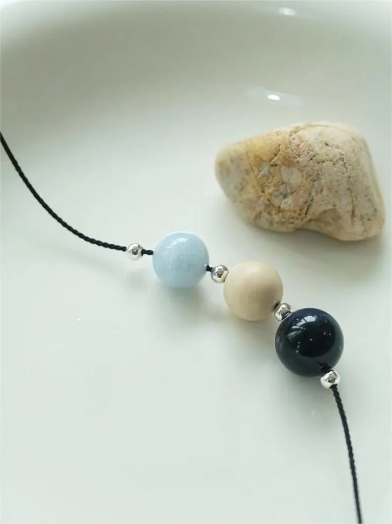 Three-Bead Natural Stone Long Black Cord Sliding Necklace