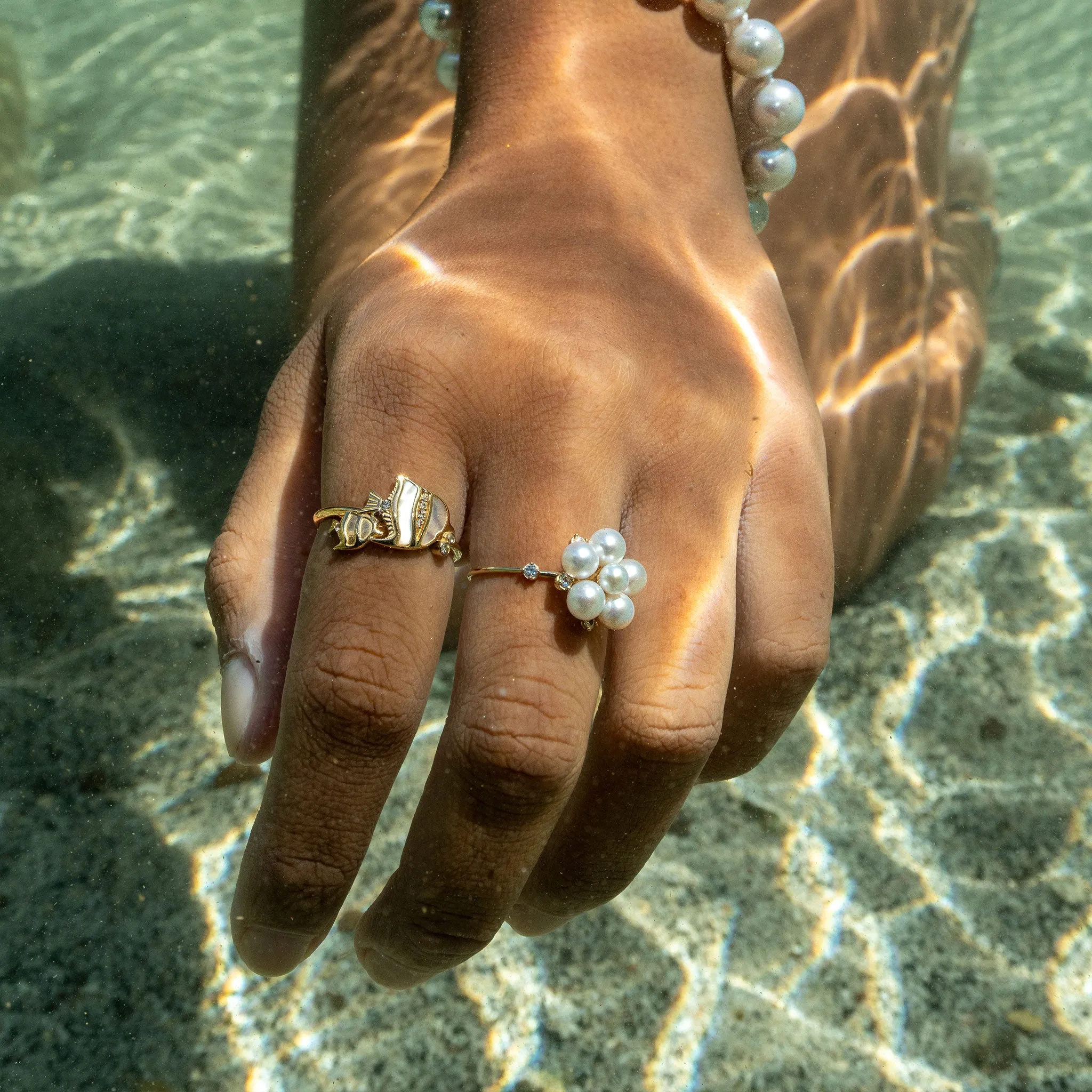 Tiny Bubbles Freshwater White Pearl Ring in Gold with Diamonds