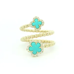 Titanium And 14K Yellow Gold Turquoises Flower Ring