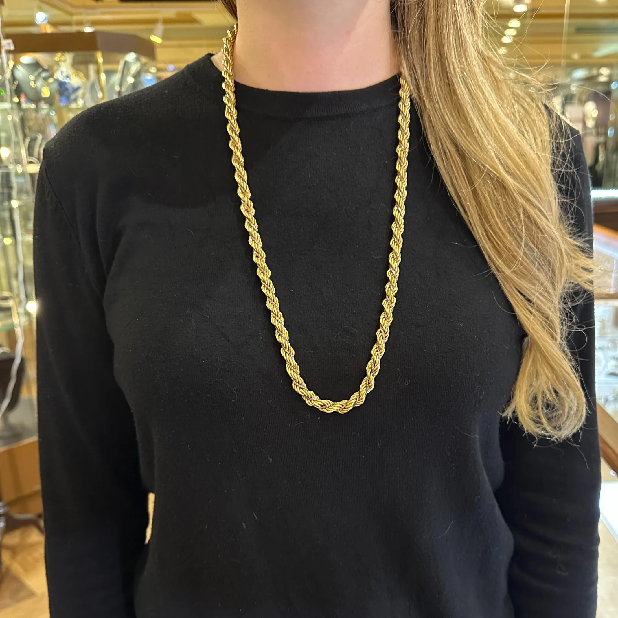 Vintage 30 1/4" 14k Rope Necklace Yellow & White Gold