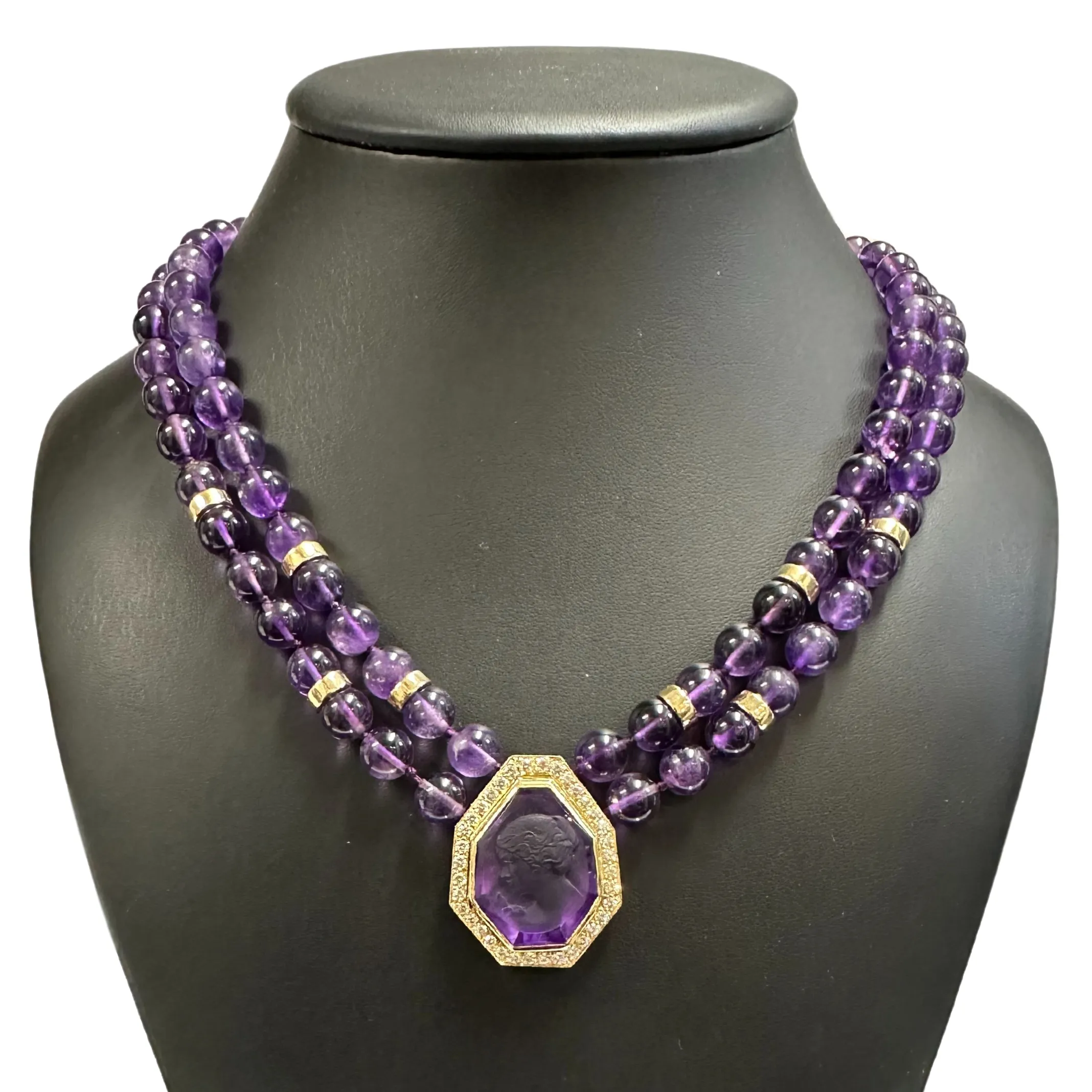 Vintage Amethyst Cameo and Diamond Pendant Two Strand Necklace