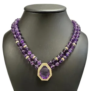 Vintage Amethyst Cameo and Diamond Pendant Two Strand Necklace
