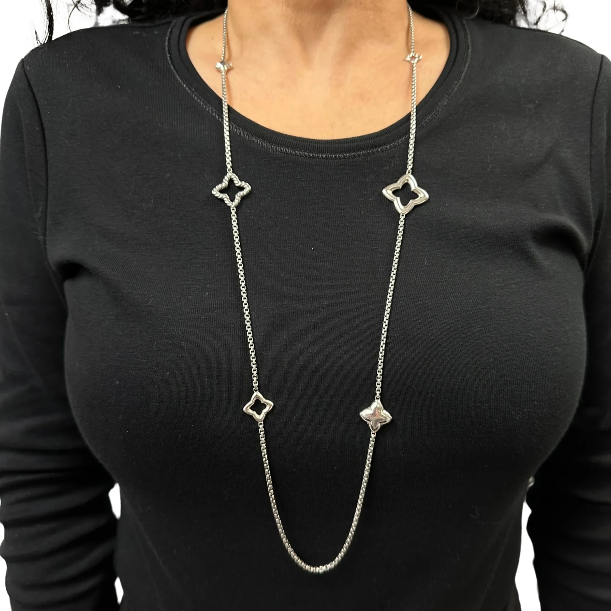 Vintage David Yurman Sterling Silver Quatrefoil Box Chain Necklace