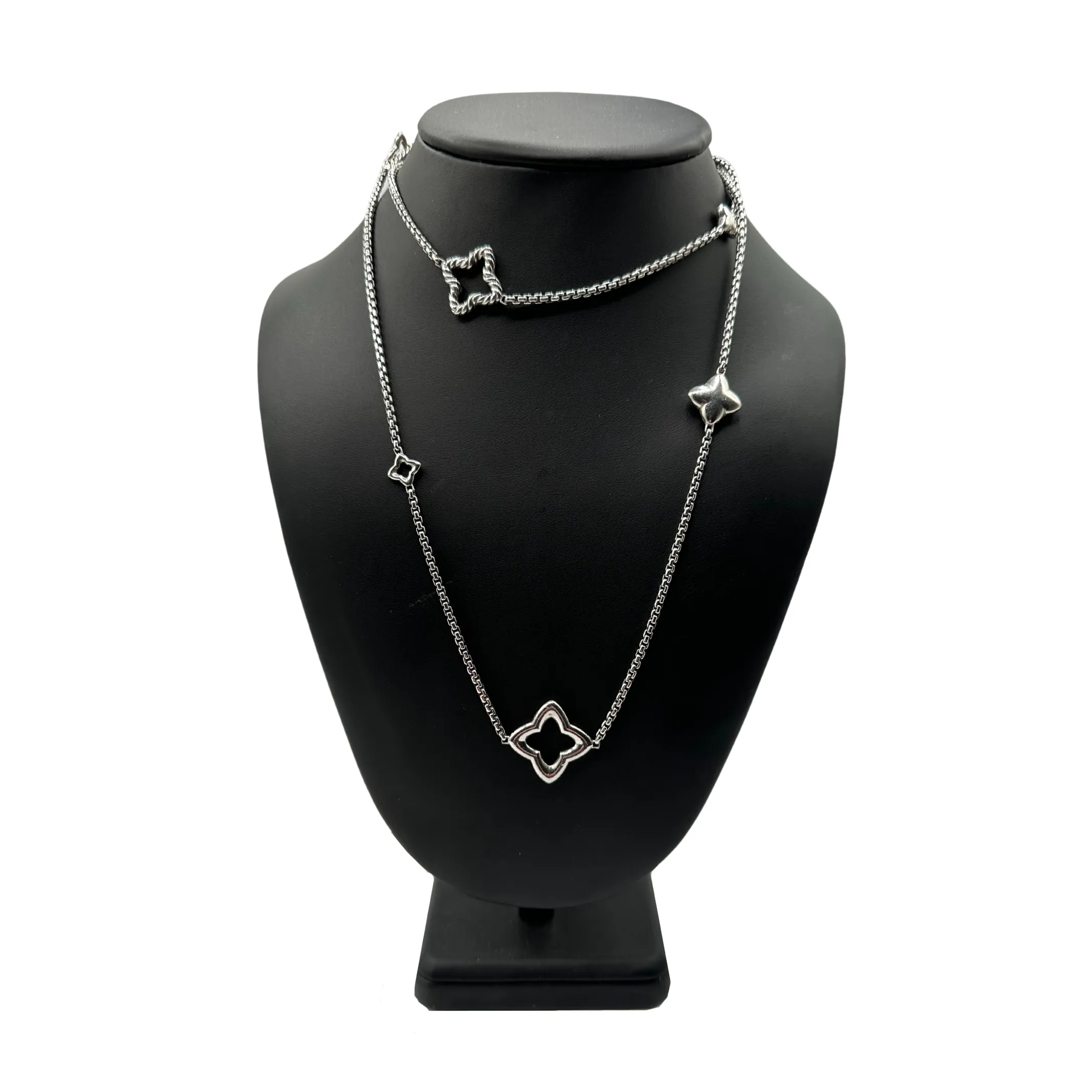 Vintage David Yurman Sterling Silver Quatrefoil Box Chain Necklace