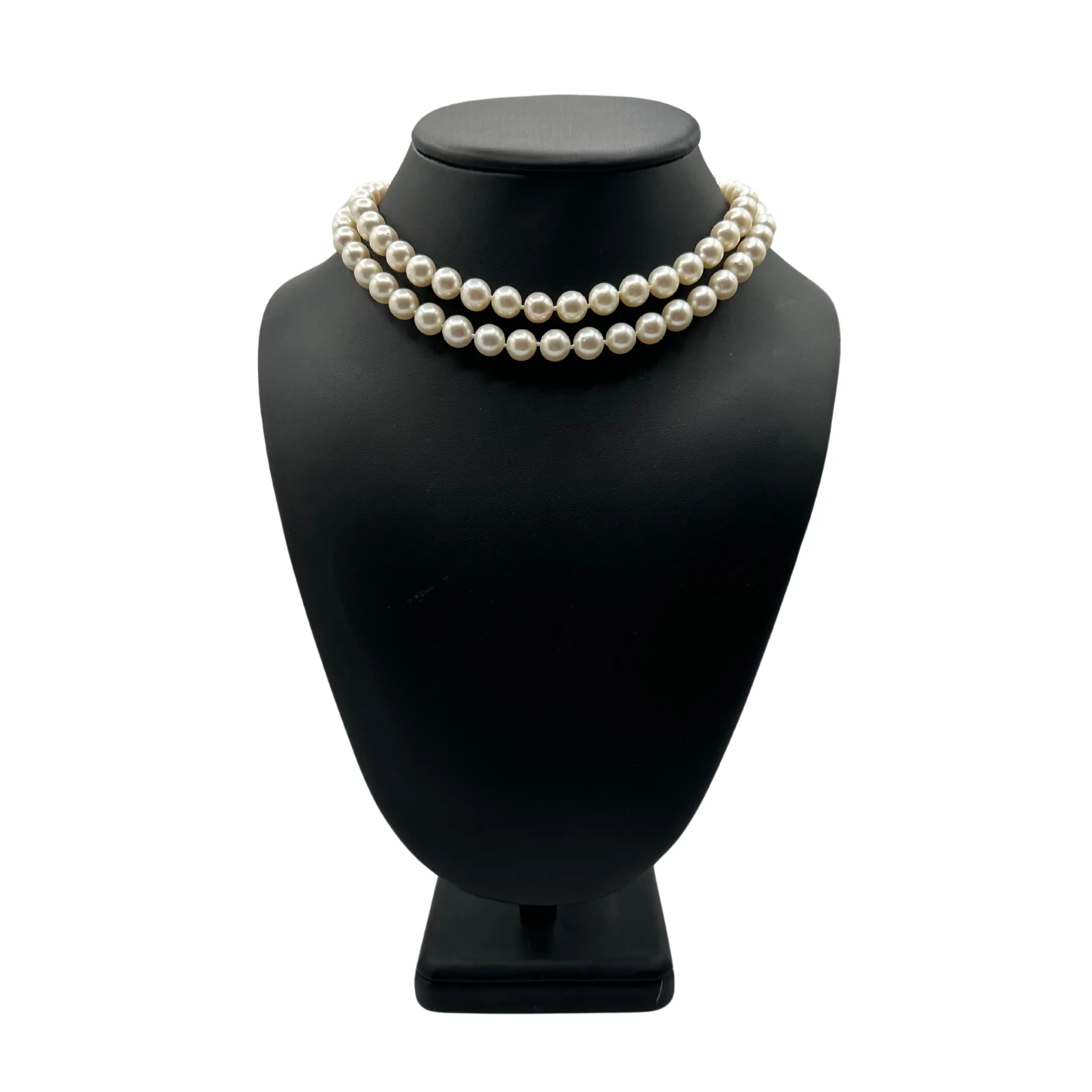 Vintage Double Strand Japanese Cultured Pearl Necklace with Diamond 18k Gold Clasp