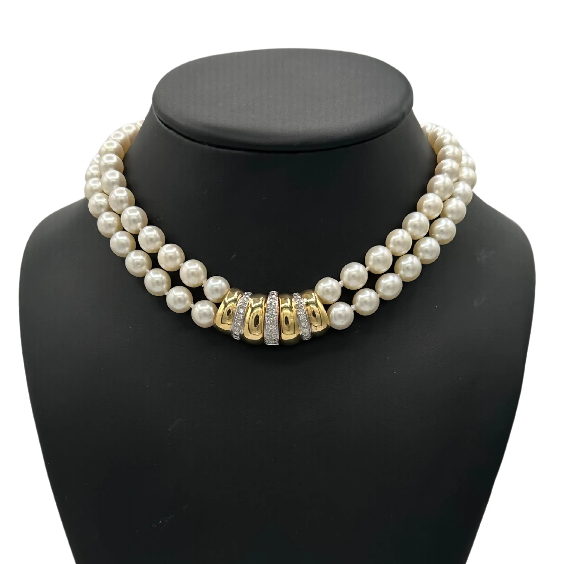 Vintage Double Strand Japanese Cultured Pearl Necklace with Diamond 18k Gold Clasp