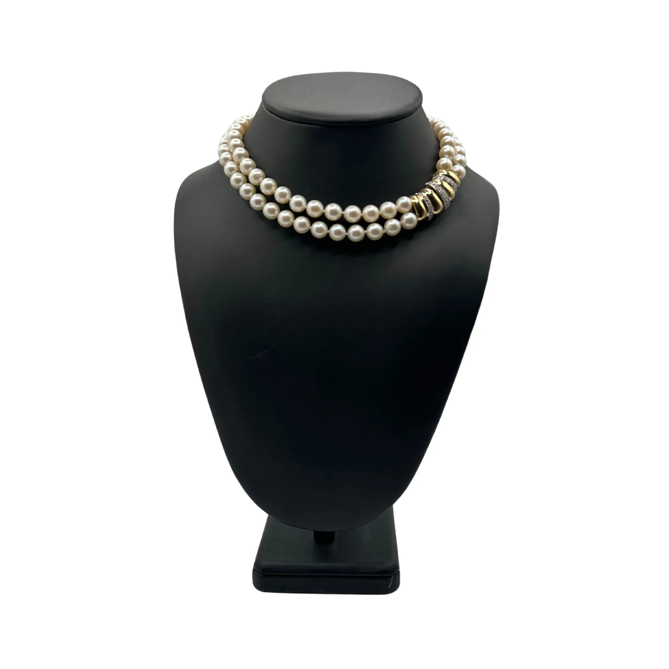 Vintage Double Strand Japanese Cultured Pearl Necklace with Diamond 18k Gold Clasp