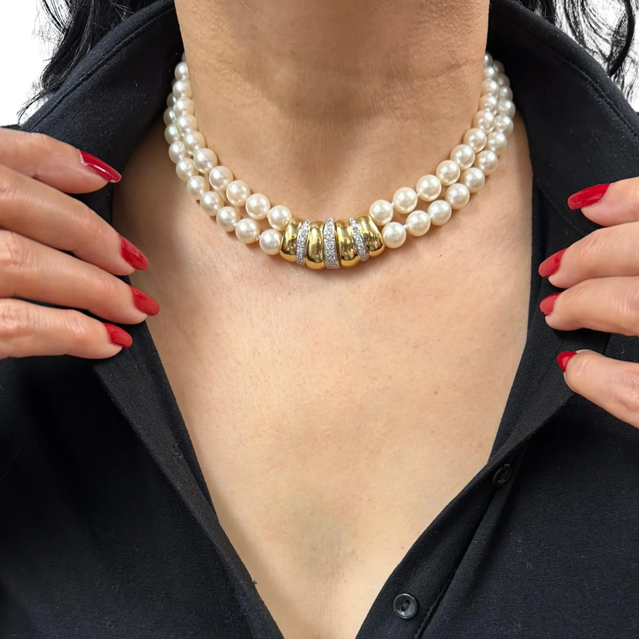 Vintage Double Strand Japanese Cultured Pearl Necklace with Diamond 18k Gold Clasp