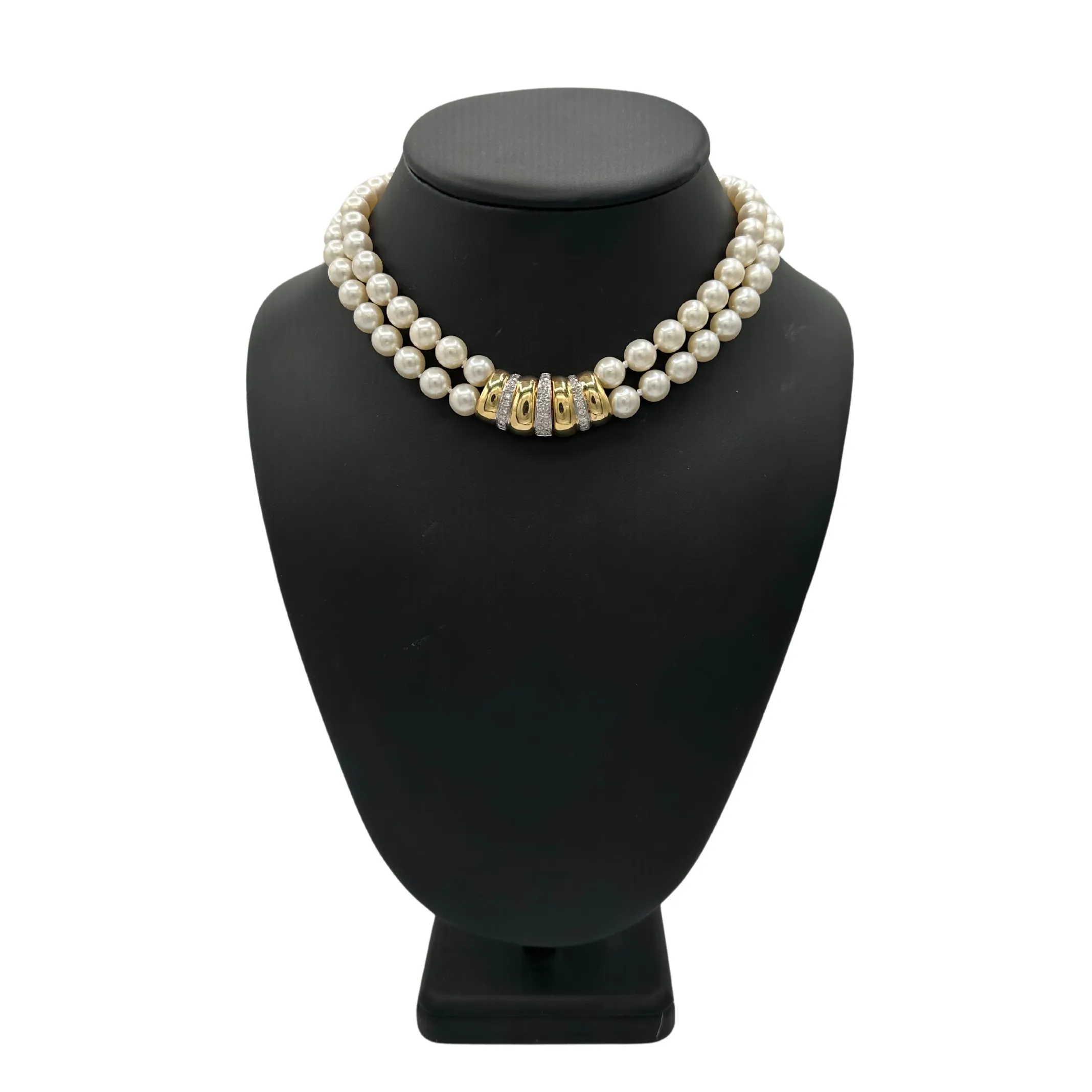 Vintage Double Strand Japanese Cultured Pearl Necklace with Diamond 18k Gold Clasp