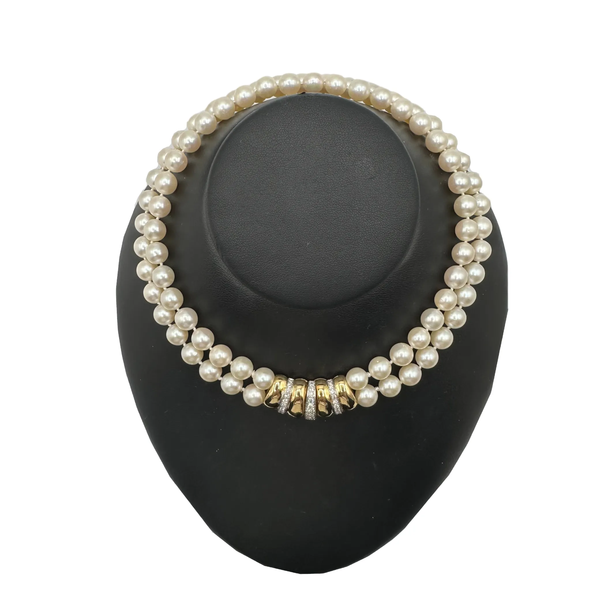 Vintage Double Strand Japanese Cultured Pearl Necklace with Diamond 18k Gold Clasp