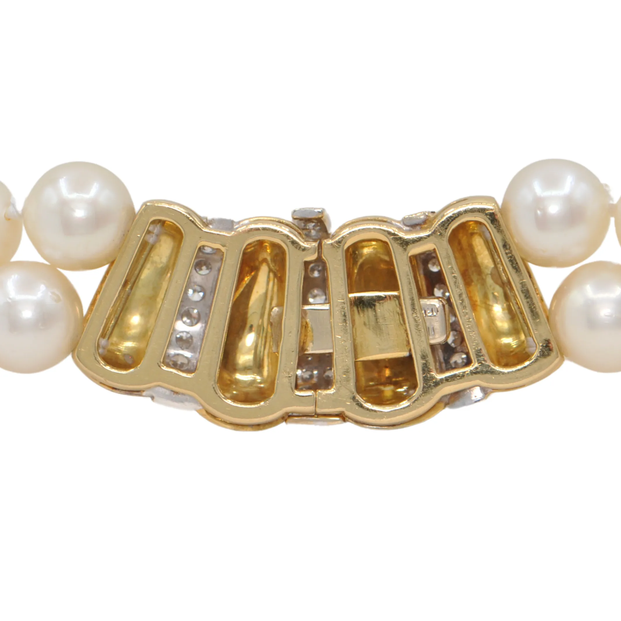 Vintage Double Strand Japanese Cultured Pearl Necklace with Diamond 18k Gold Clasp