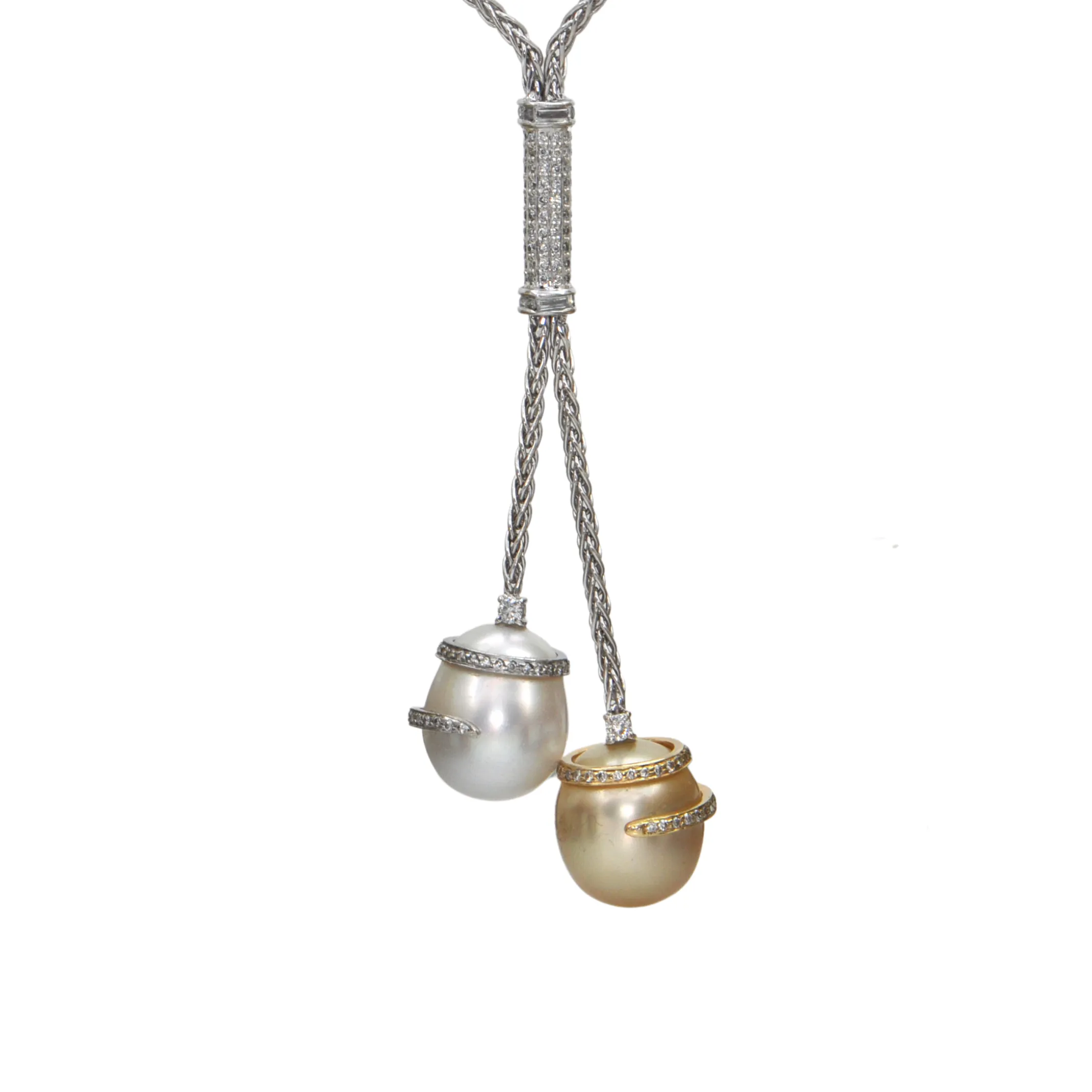Vintage Italian South Sea Pearl and Diamond 18k Gold Lariat Necklace