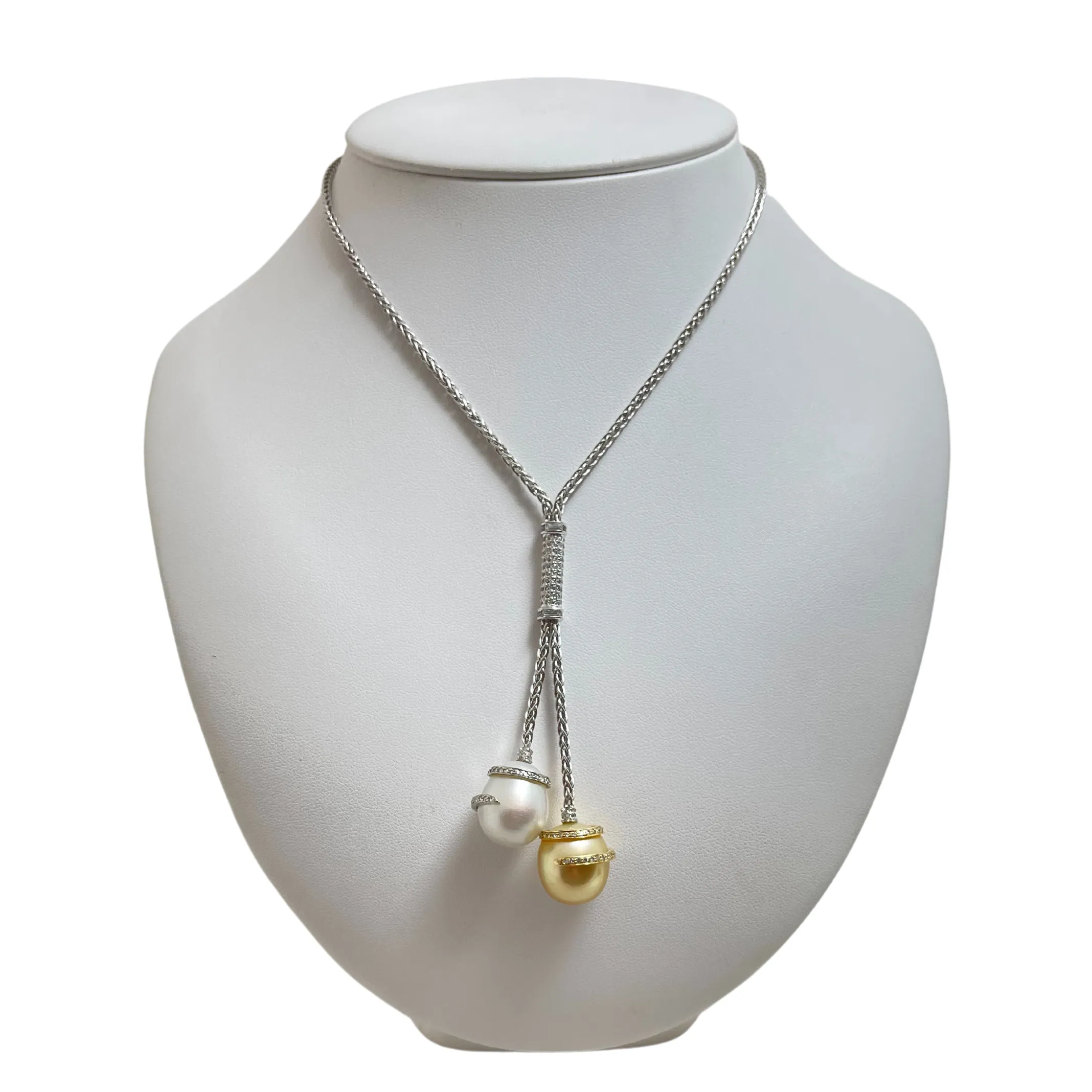 Vintage Italian South Sea Pearl and Diamond 18k Gold Lariat Necklace