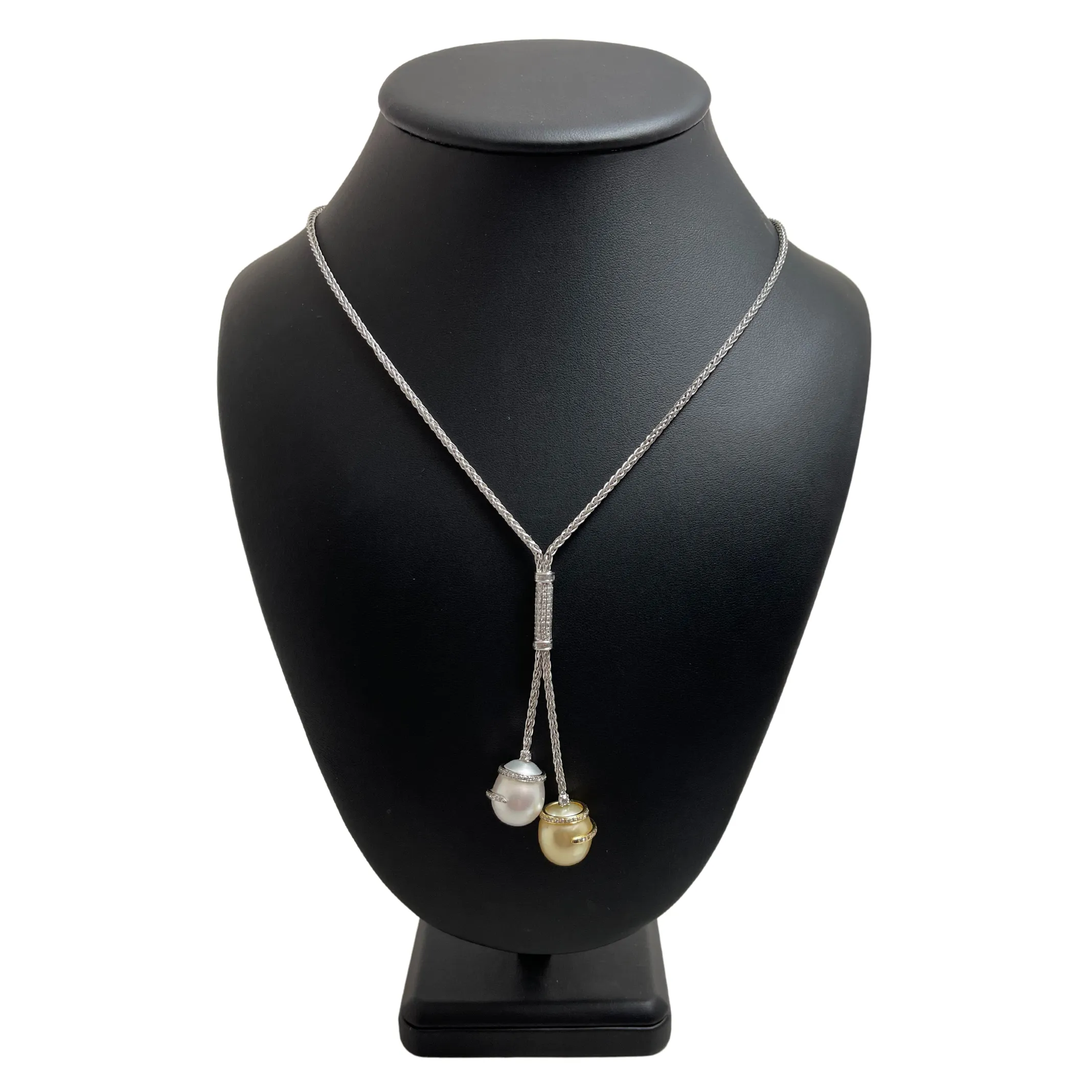 Vintage Italian South Sea Pearl and Diamond 18k Gold Lariat Necklace