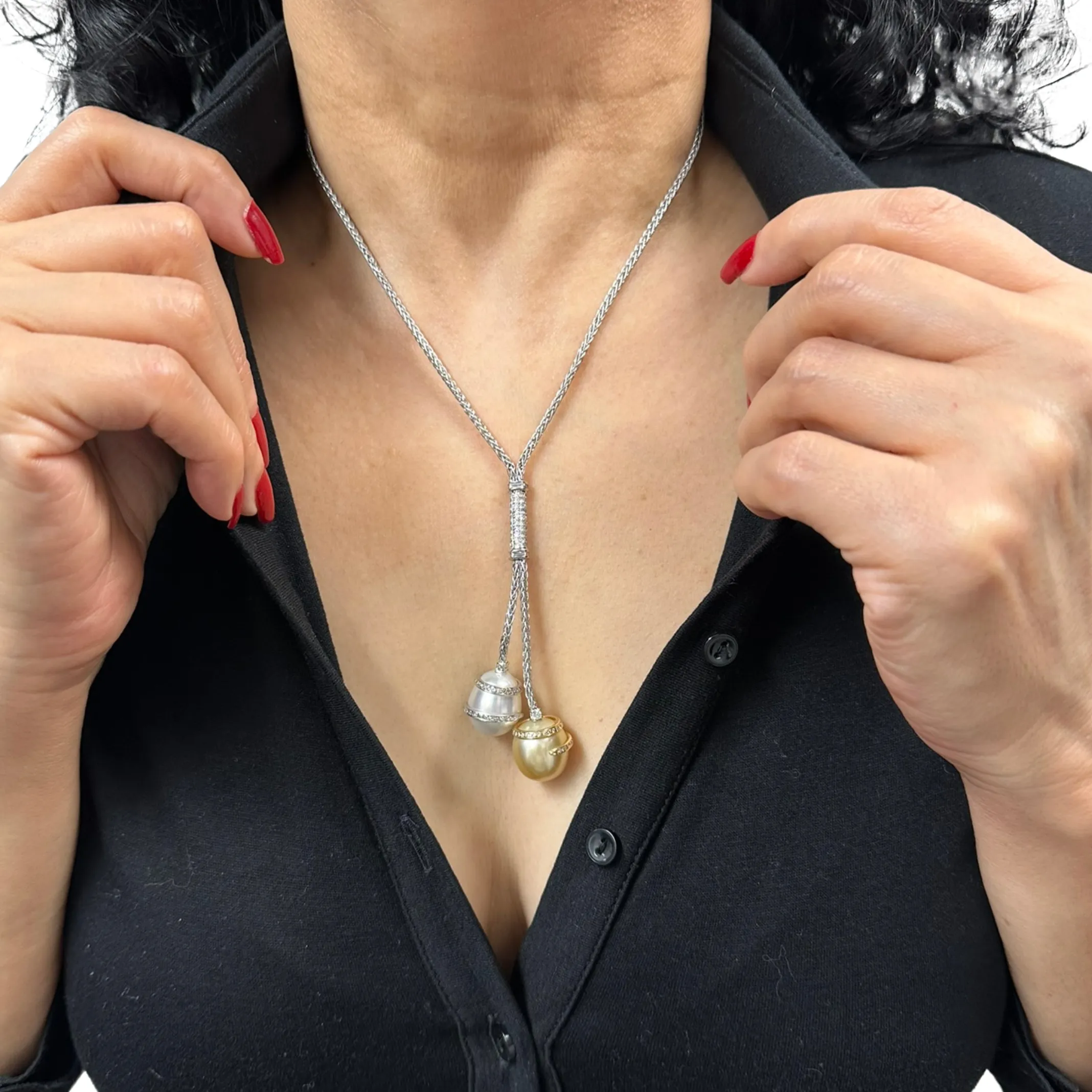Vintage Italian South Sea Pearl and Diamond 18k Gold Lariat Necklace