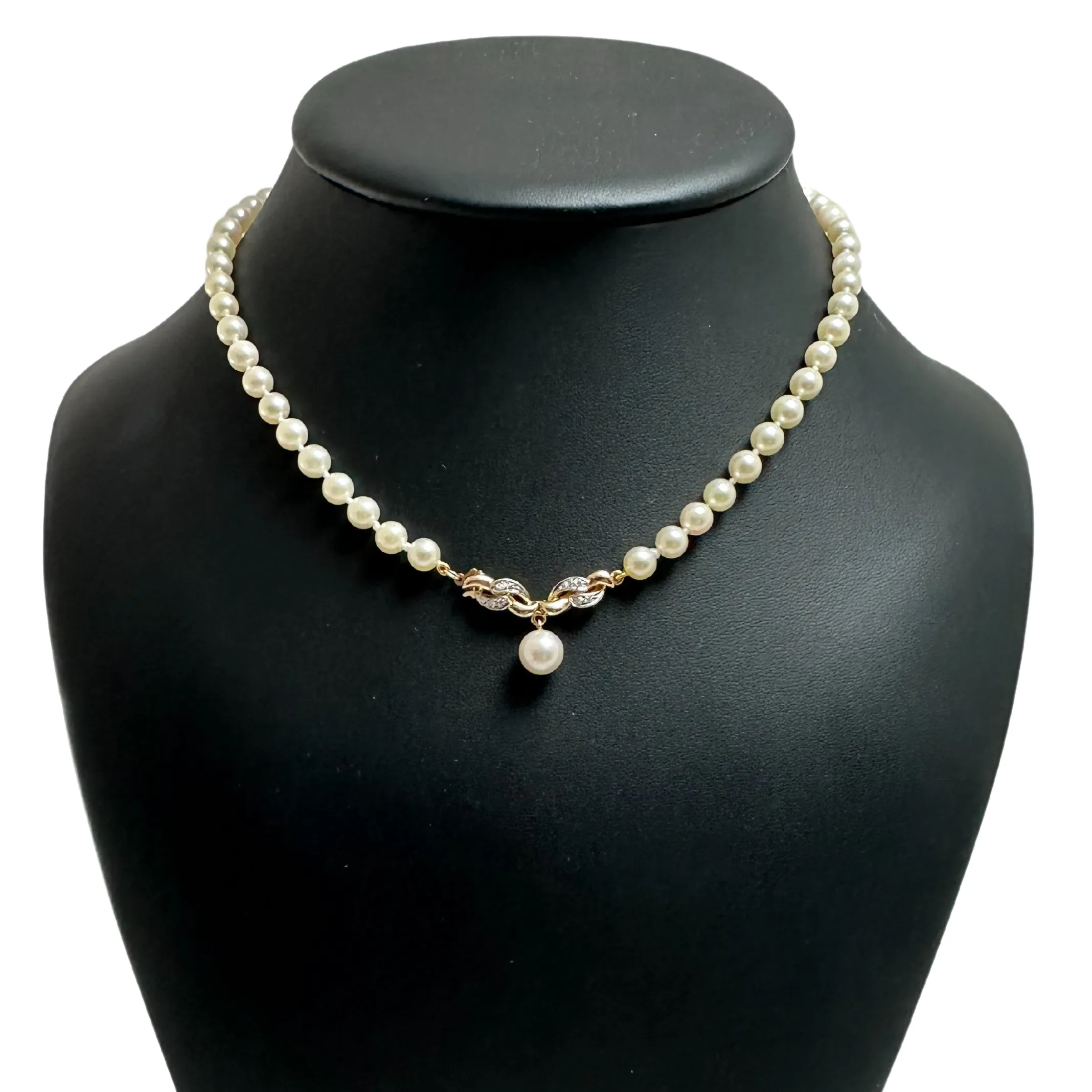 Vintage Japanese Cultured Pearl Necklace with Diamond and Pearl Drop 14k Gold Pendant/Clasp