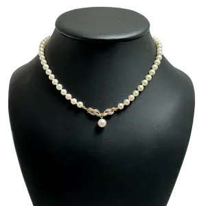 Vintage Japanese Cultured Pearl Necklace with Diamond and Pearl Drop 14k Gold Pendant/Clasp
