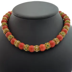 Vintage Mediterranean Coral Emerald and Diamond Necklace