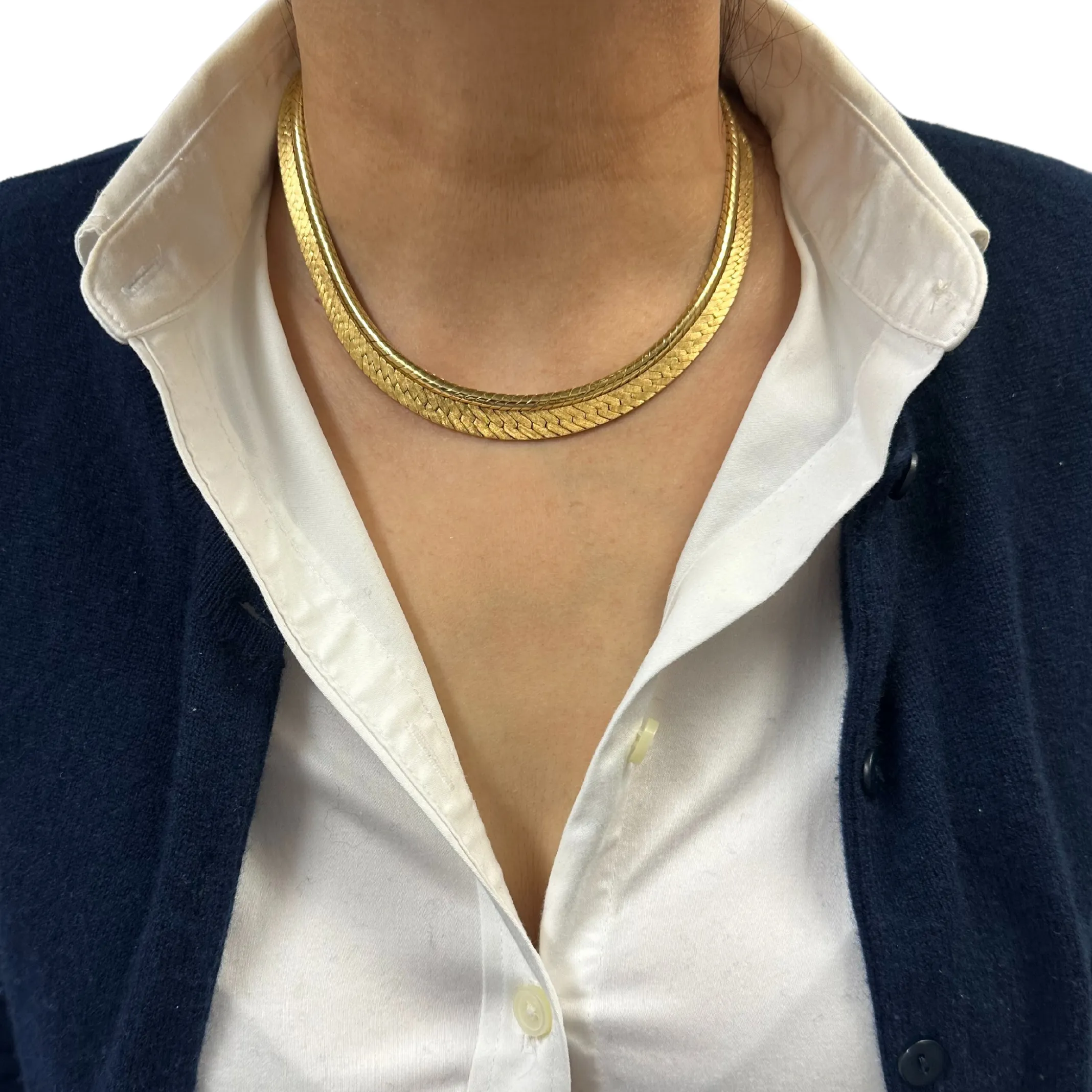 Vintage "Spitzer & Fuhrman" German Slightly Graduated 18k Gold Herringbone and Snake Link Necklace
