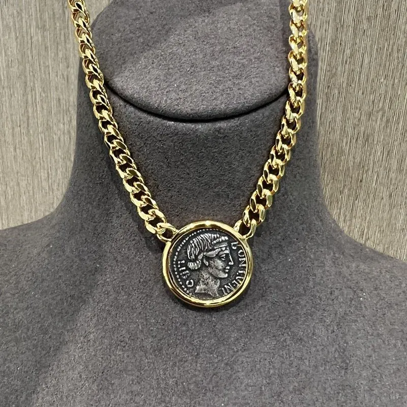 Vintage Roman Lady Luck Coin Pendant Necklace