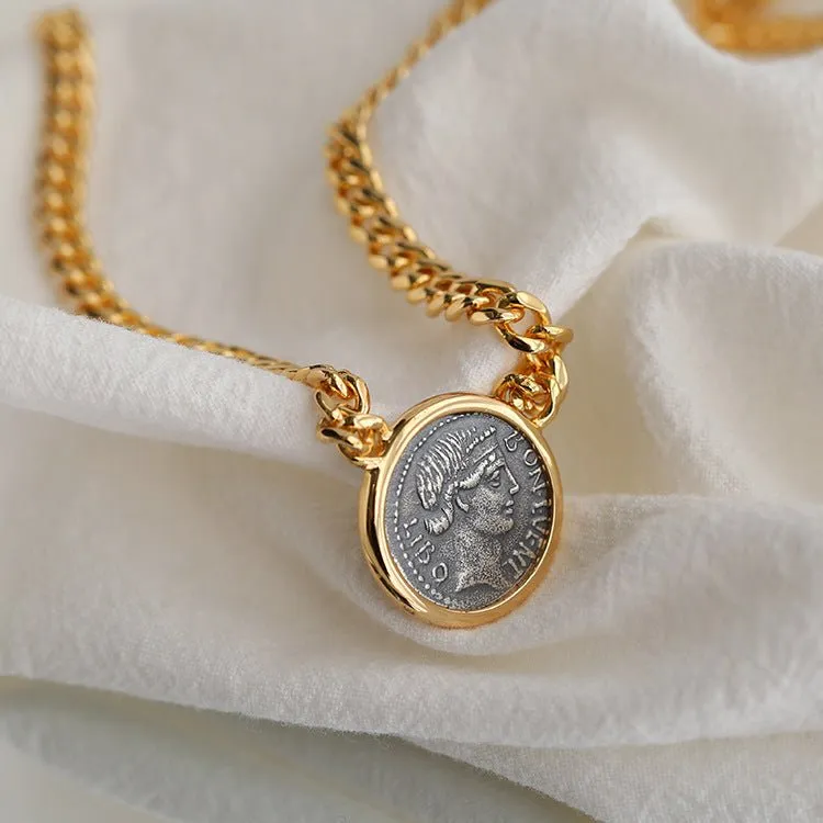 Vintage Roman Lady Luck Coin Pendant Necklace