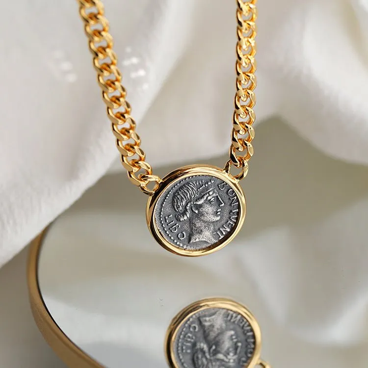 Vintage Roman Lady Luck Coin Pendant Necklace