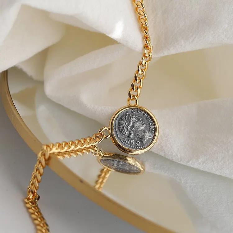 Vintage Roman Lady Luck Coin Pendant Necklace