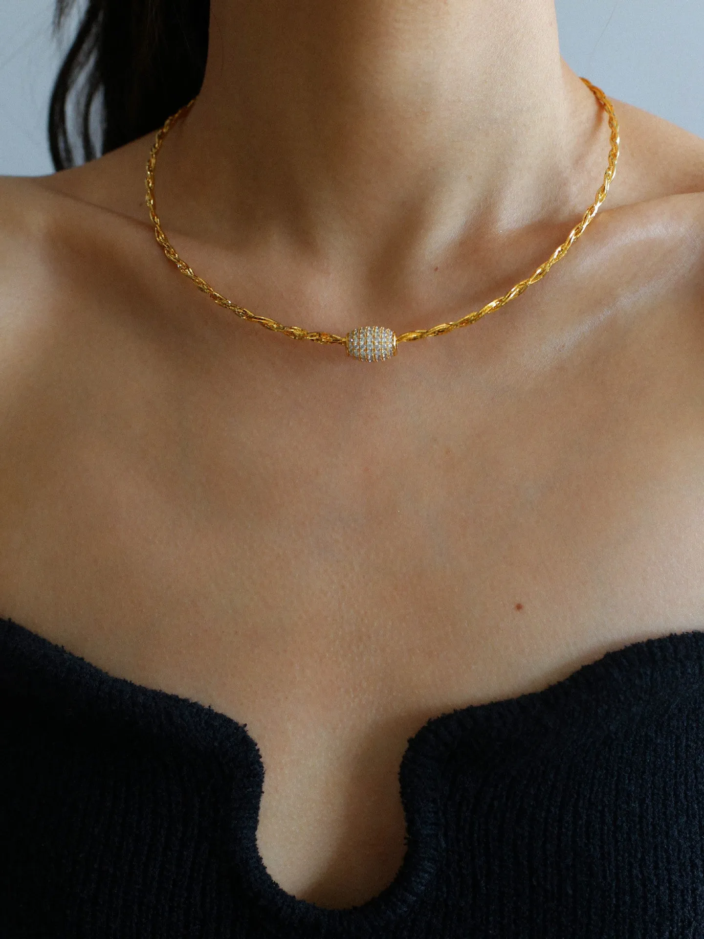 Vintage Twisted Choker Necklace with CZ Barrel Bead ??18K Gold Vermeil